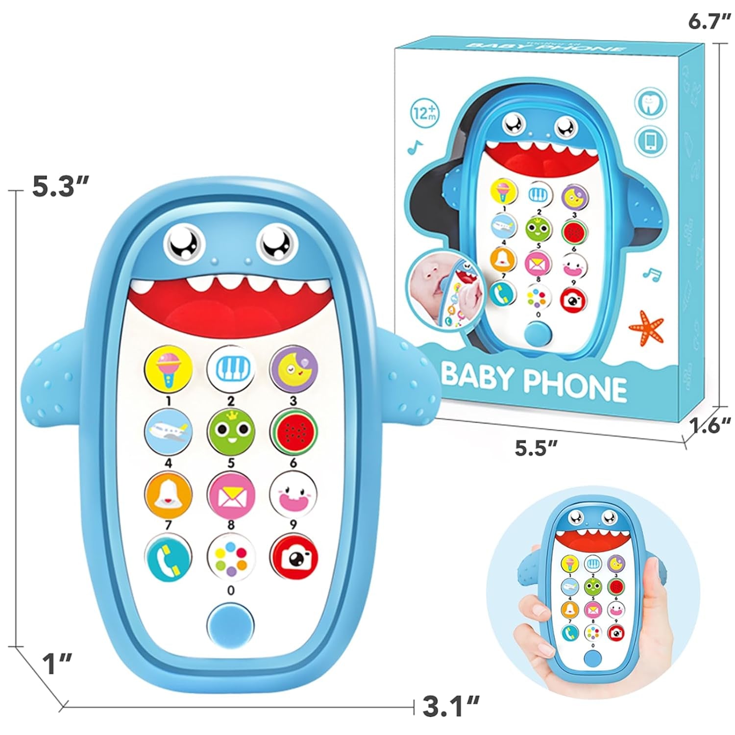 Baby Shark Cell Phone Toy Kids Play Fake Light-Up Teether 12+ Months (Blue)