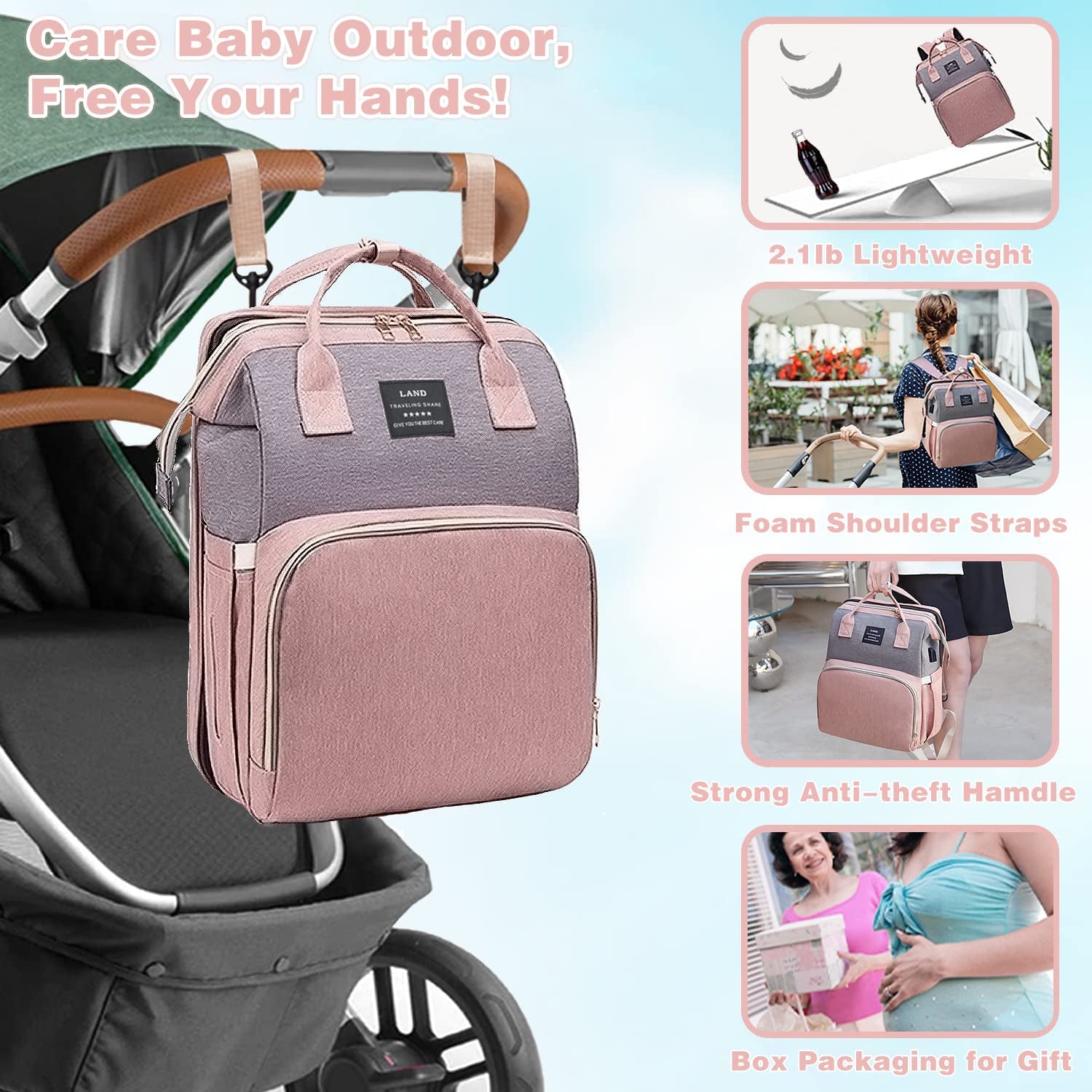 Baby Diaper Bags Backpack with Changing Station(Pink-Grey)