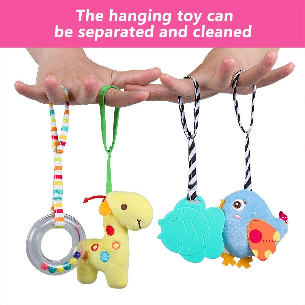 Baby Car Seat Toys, Soft Hanging Plush Toy with Rattle & Teether, Sensory Development Toy for Infants 0 Months up (Elephant)