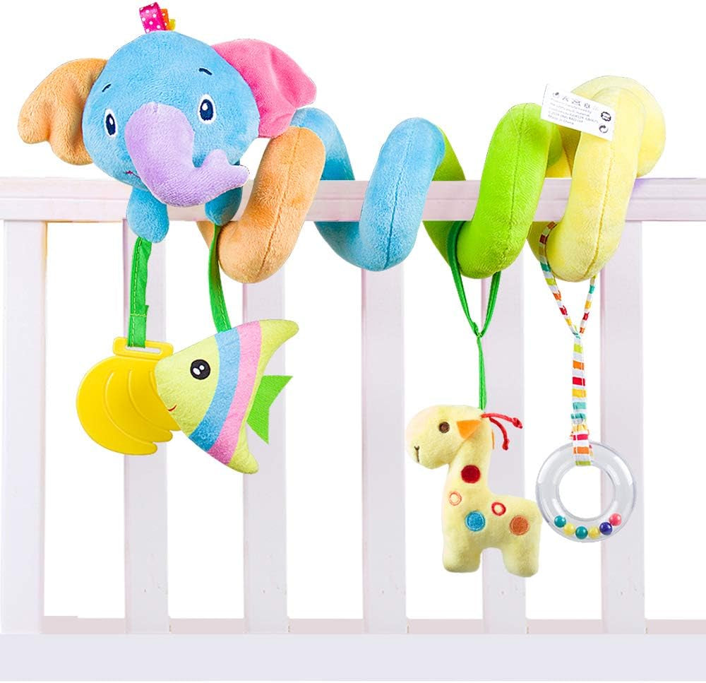 Baby Car Seat Toys, Soft Hanging Plush Toy with Rattle & Teether, Sensory Development Toy for Infants 0 Months up (Elephant)