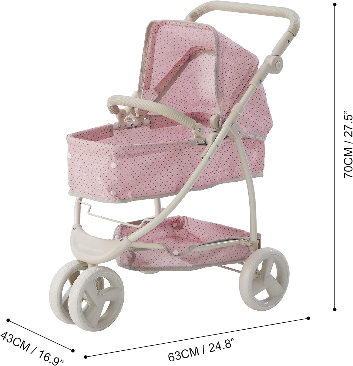 2-In-1 Convertible Baby Doll Stroller with Retractable Canopy, All-Terrain Wheels, and Adjustable Handle, Cream and Pink with Gray Polka Dots