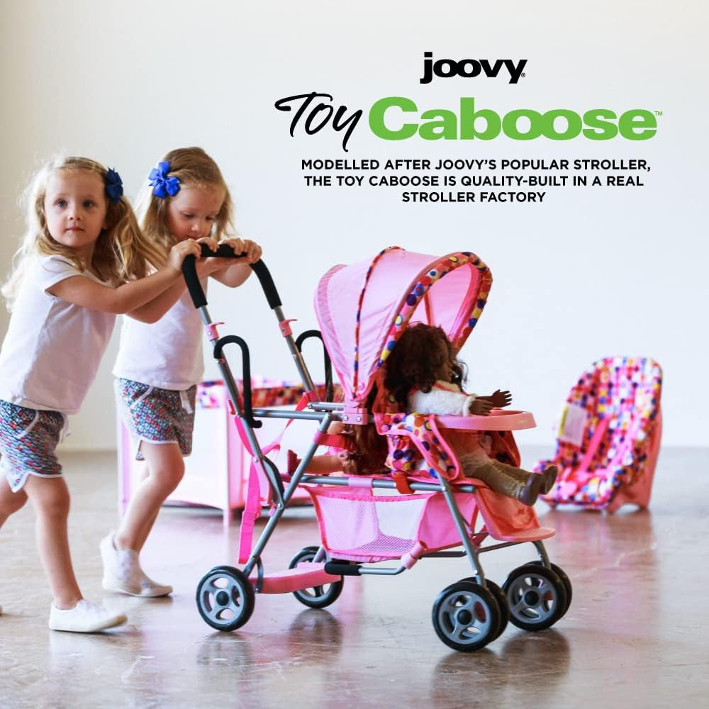 Toy Caboose Baby Doll Stroller Featuring Reclining Front Seat, Adjustable Footrest, Storage Basket, Extendable Canopy, and Snack Tray - Holds 3 Dolls (Pink Dot)