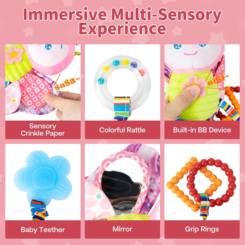 Baby Stroller Toy and Car Seat Toy for Infant with Teether Hanging Rattle Toys Clip on Stroller Toy Soft Plush Baby Toys for Boys and Girls 3-12 Months