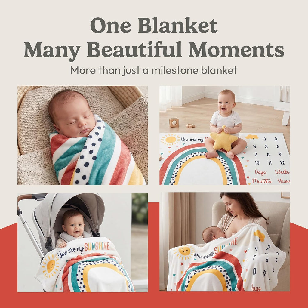 Monthly Milestone Blanket for Baby Girl - 60"X40" - Wrinkle Free Newborn Age Month Blanket with Growth Chart - Washable & Dryable - W/Frames & Cotton Bib - Boho Theme