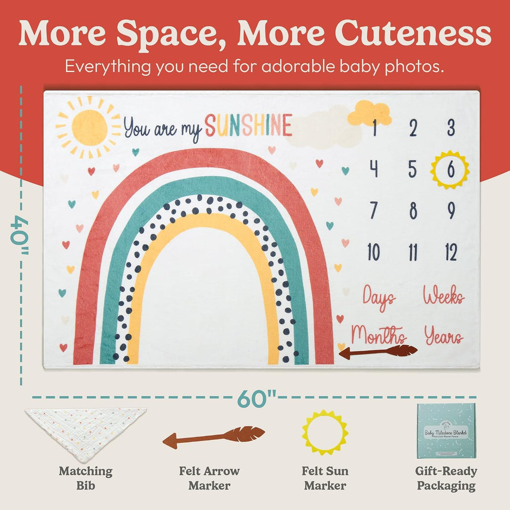 Monthly Milestone Blanket for Baby Girl - 60"X40" - Wrinkle Free Newborn Age Month Blanket with Growth Chart - Washable & Dryable - W/Frames & Cotton Bib - Boho Theme