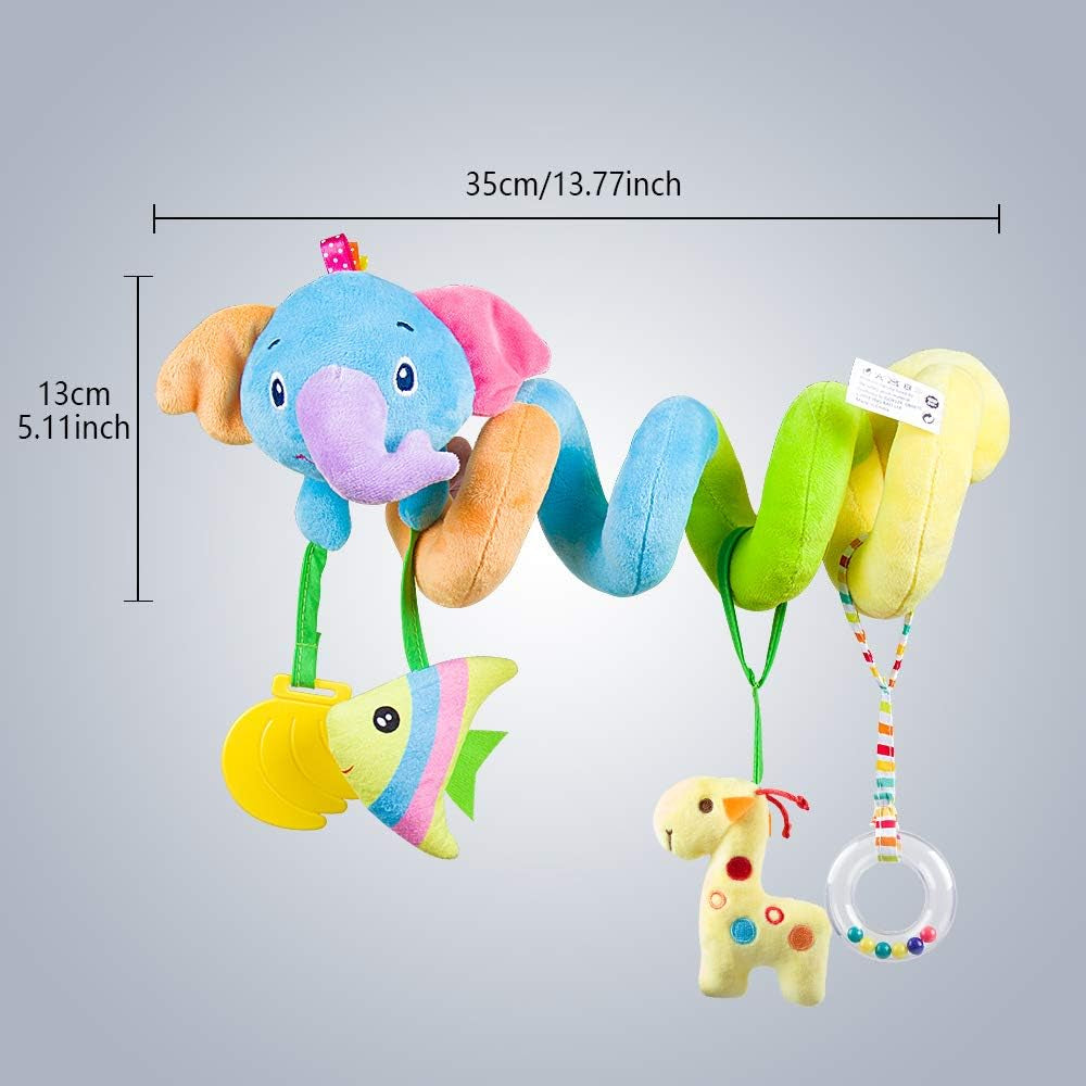 Baby Car Seat Toys, Soft Hanging Plush Toy with Rattle & Teether, Sensory Development Toy for Infants 0 Months up (Elephant)