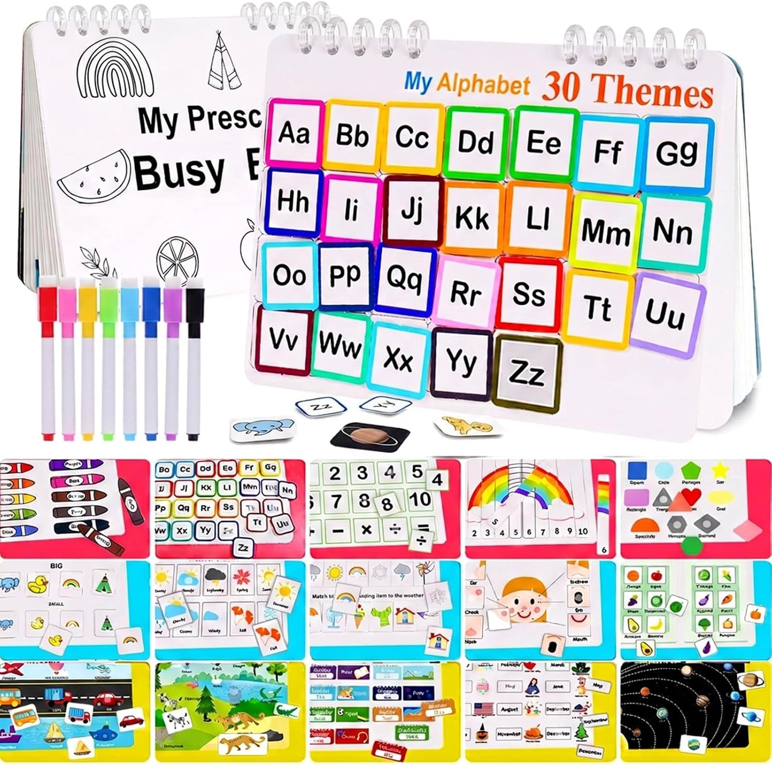 Mallify Busy Book for Toddlers 3-5, Montessori Busy Book with 30 Themes and 8 Markers, Kids Binder and Early Learning Toys, Preschool Busy Books for Toddlers, Tracing Coloring Book, Busytots