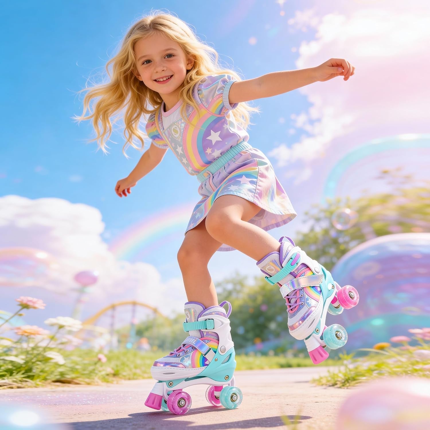 Rainbow Unicorn 4 Size Adjustable Roller Skates for Girls Boys for Kids Ages 3-5 5-8 6-12 Children Skates Indoor Outdoor