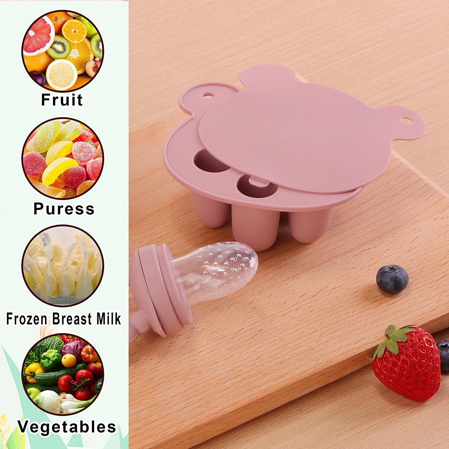 3-In-1 Baby Food & Fruit Feeder Set – Breastmilk Popsicle Mold with Freezer Tray, Teething Relief Toy, BPA Free Infant Silicone Feeding Combo, 3 Bonus Sizes (S/M/L) Sacs (Blush)