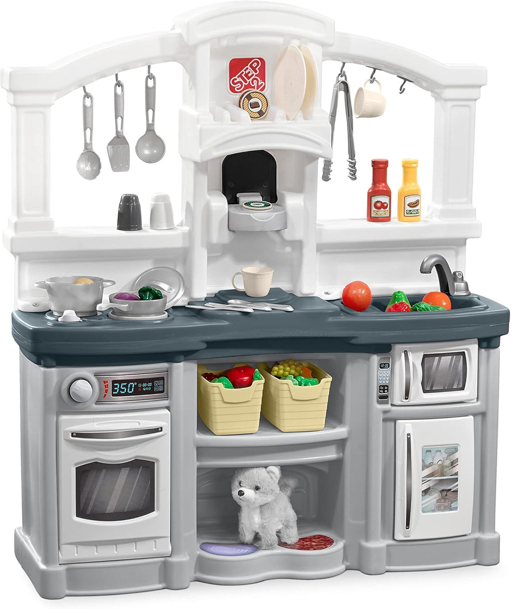 Step2 Fun with Friends Kids Kitchen Playset, Indoor/Outdoor Kitchenette with Lights & Sounds, Durable Plastic, 25-Piece Toy Accessories, Toddlers 2+ Years, Gray