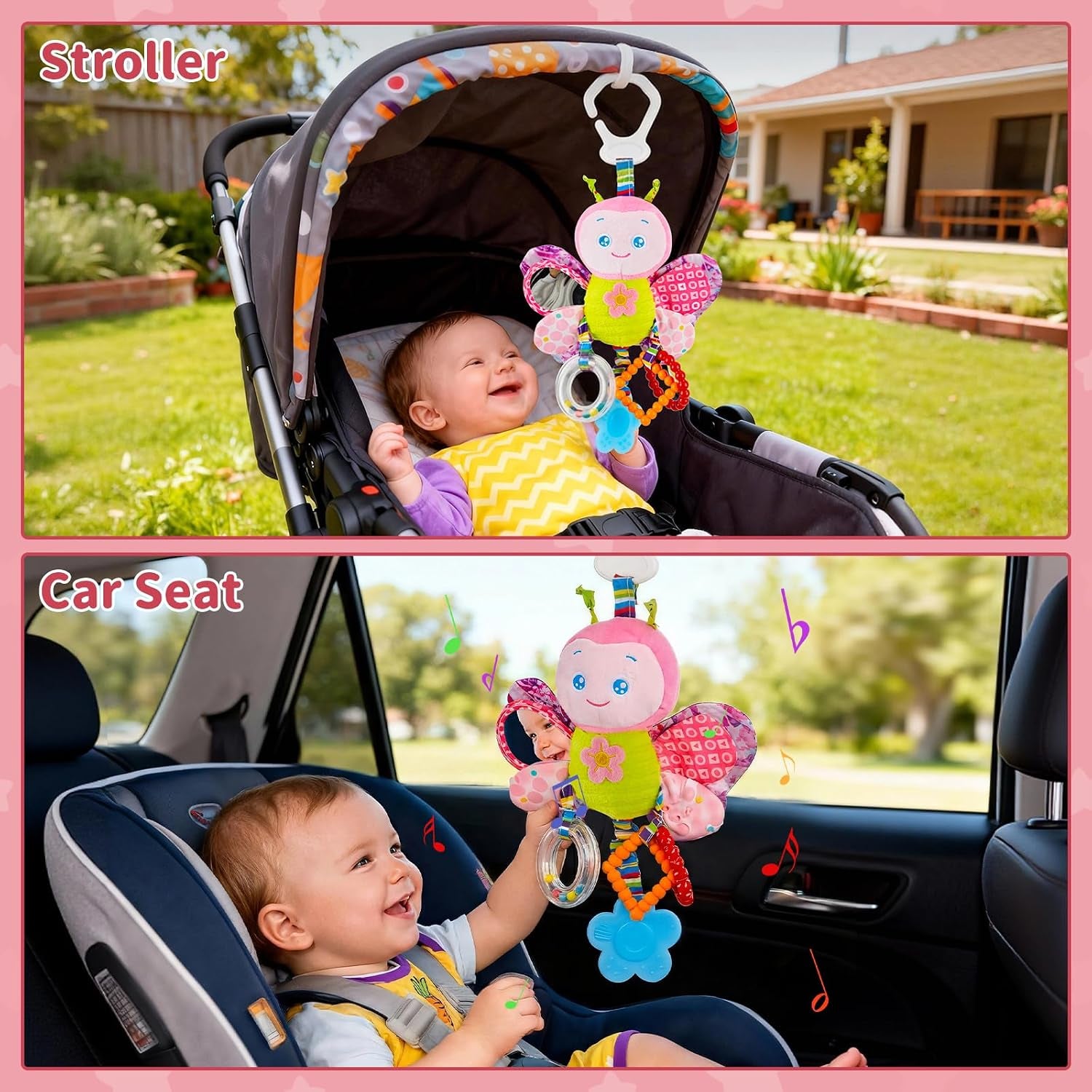 Baby Stroller Toy and Car Seat Toy for Infant with Teether Hanging Rattle Toys Clip on Stroller Toy Soft Plush Baby Toys for Boys and Girls 3-12 Months