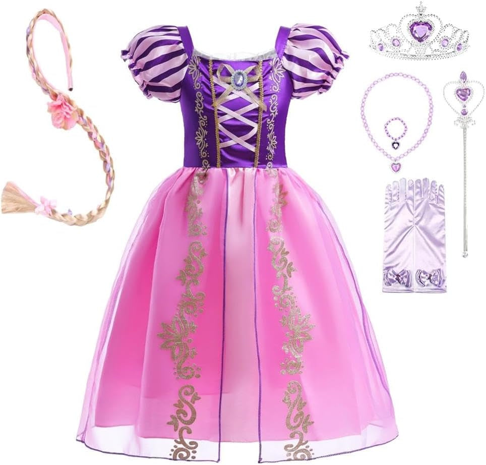 Baby Toddler Little Girls Long Hair Princess Fancy Dress up Costume Halloween Birthday Party Outfit Purple Gown