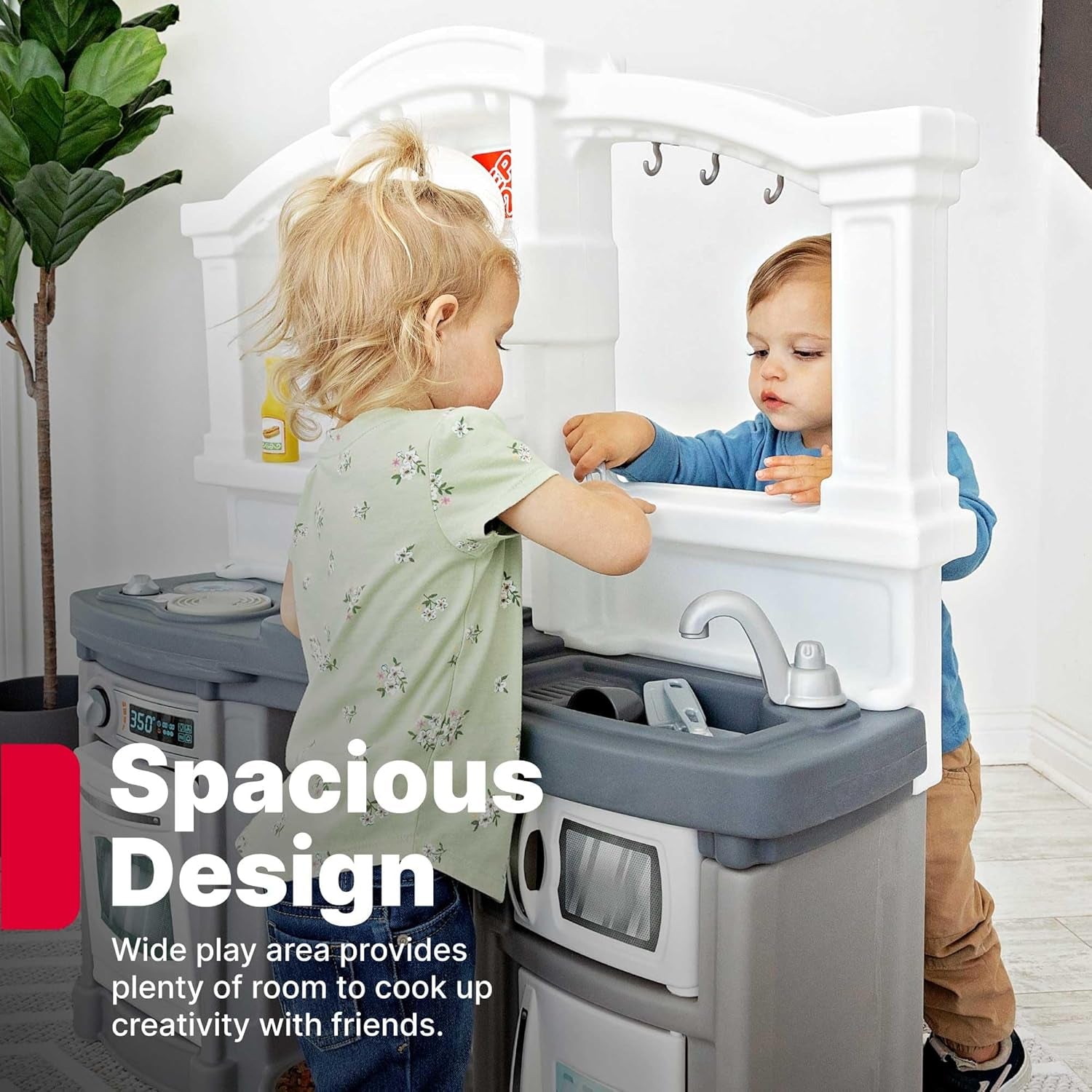 Step2 Fun with Friends Kids Kitchen Playset, Indoor/Outdoor Kitchenette with Lights & Sounds, Durable Plastic, 25-Piece Toy Accessories, Toddlers 2+ Years, Gray