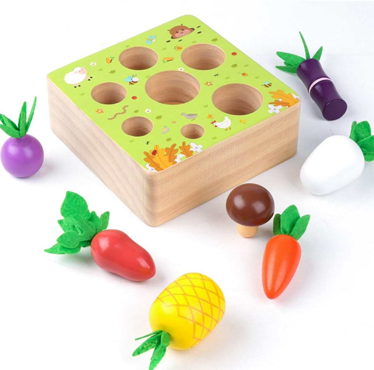 SKYFIELD Wooden Farm Harvest Game Montessori Toy, Educational Learning Toy for Boys &Girls 1 2 3 Years Old, Shape Sorting Vegetable &Fruits Fine Motor Skill Toy Gift for Toddlers 1-3