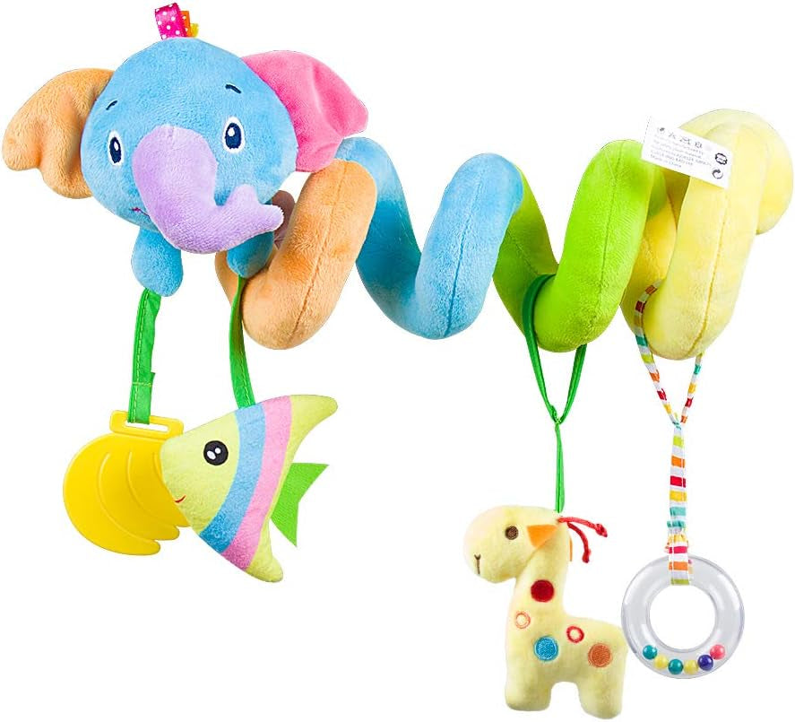 Baby Car Seat Toys, Soft Hanging Plush Toy with Rattle & Teether, Sensory Development Toy for Infants 0 Months up (Elephant)