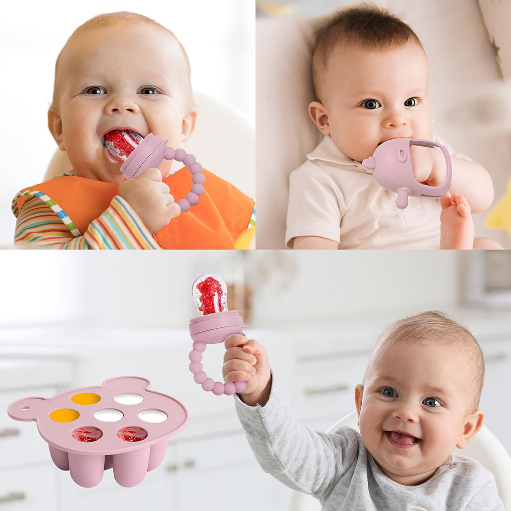 3-In-1 Baby Food & Fruit Feeder Set – Breastmilk Popsicle Mold with Freezer Tray, Teething Relief Toy, BPA Free Infant Silicone Feeding Combo, 3 Bonus Sizes (S/M/L) Sacs (Blush)