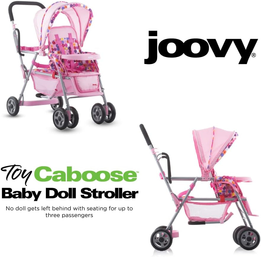 Toy Caboose Baby Doll Stroller Featuring Reclining Front Seat, Adjustable Footrest, Storage Basket, Extendable Canopy, and Snack Tray - Holds 3 Dolls (Pink Dot)