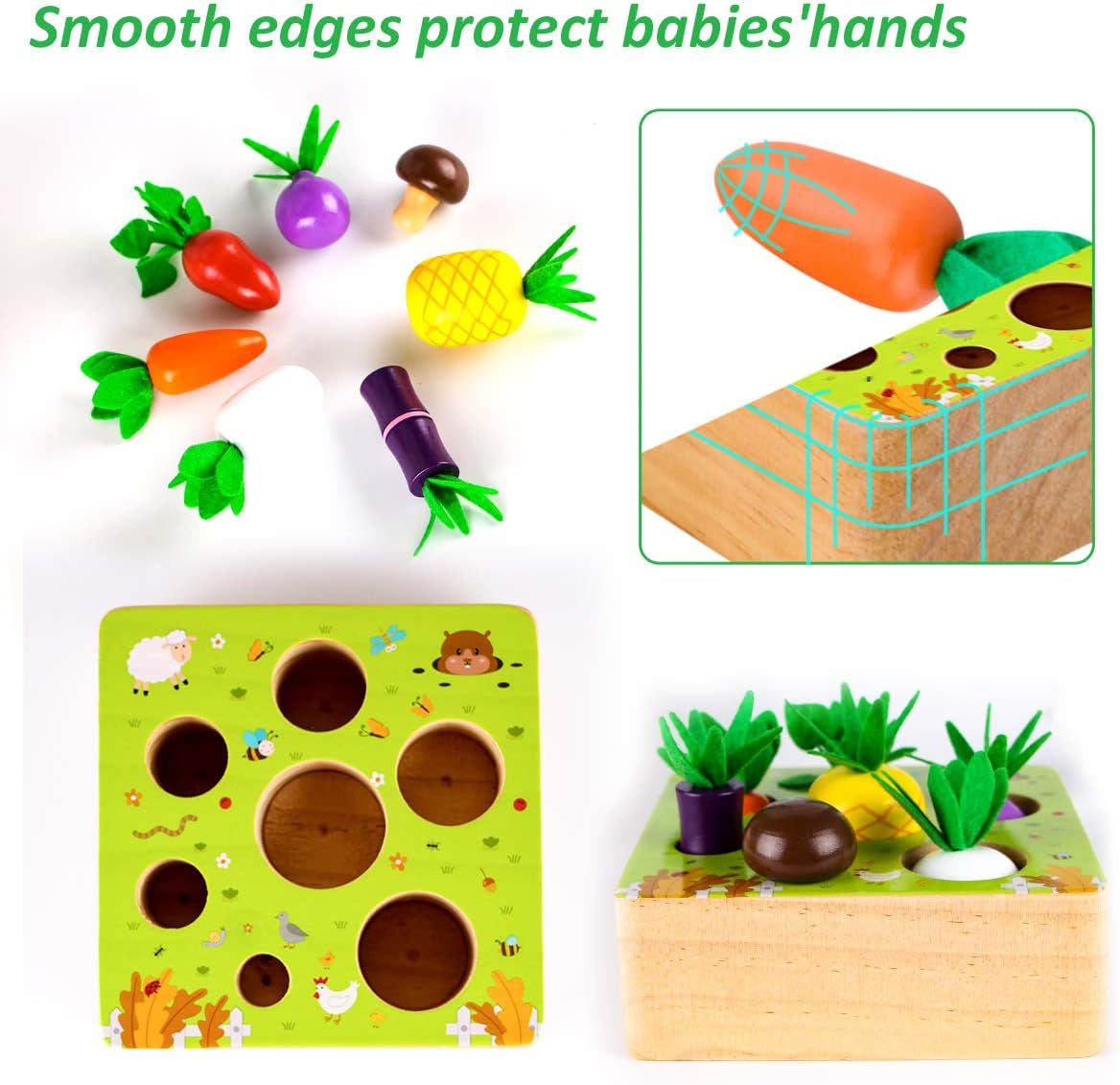 SKYFIELD Wooden Farm Harvest Game Montessori Toy, Educational Learning Toy for Boys &Girls 1 2 3 Years Old, Shape Sorting Vegetable &Fruits Fine Motor Skill Toy Gift for Toddlers 1-3