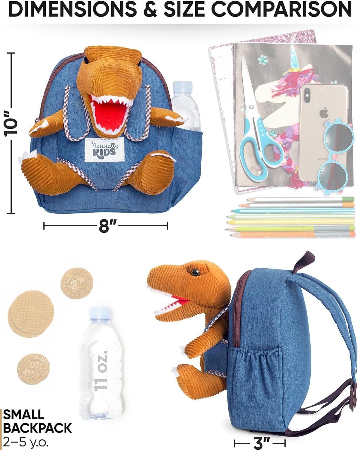 Toddler Backpack W. Plush Brown Dinosaur Toy, Kids Gift 2-5