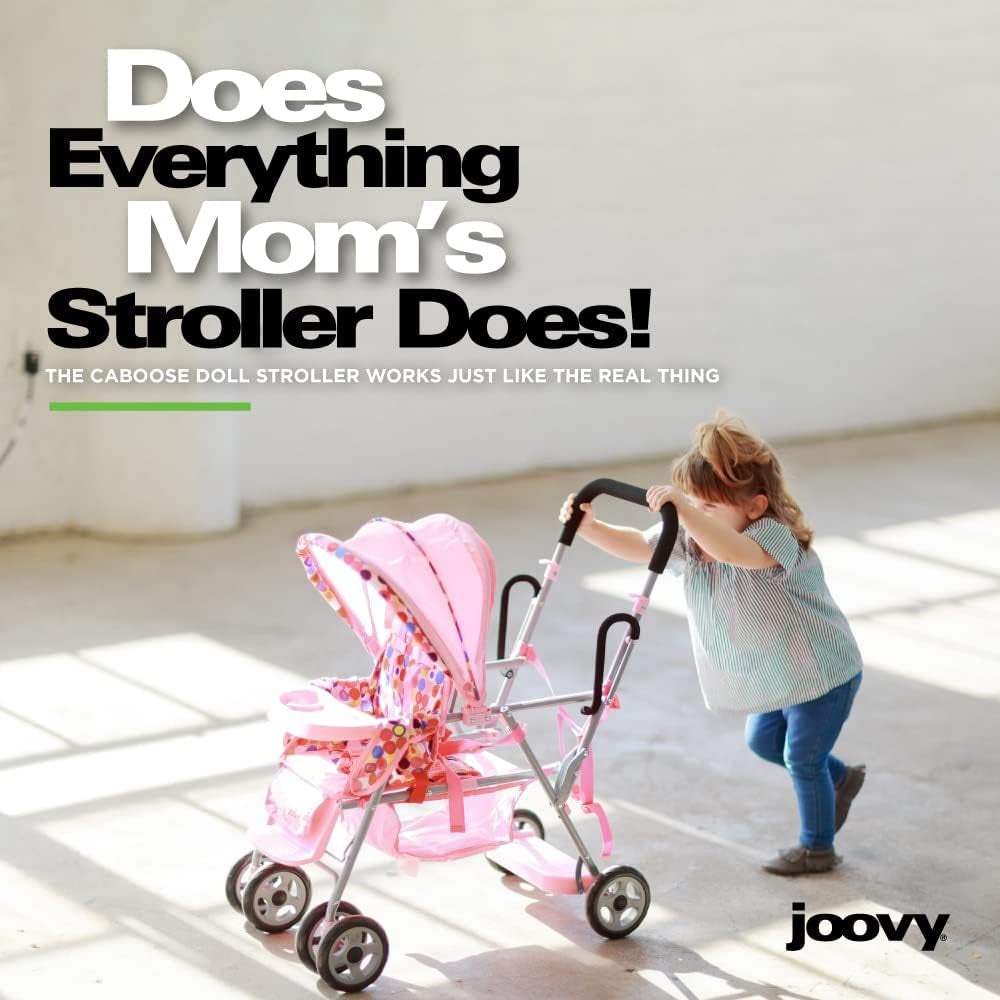 Toy Caboose Baby Doll Stroller Featuring Reclining Front Seat, Adjustable Footrest, Storage Basket, Extendable Canopy, and Snack Tray - Holds 3 Dolls (Pink Dot)