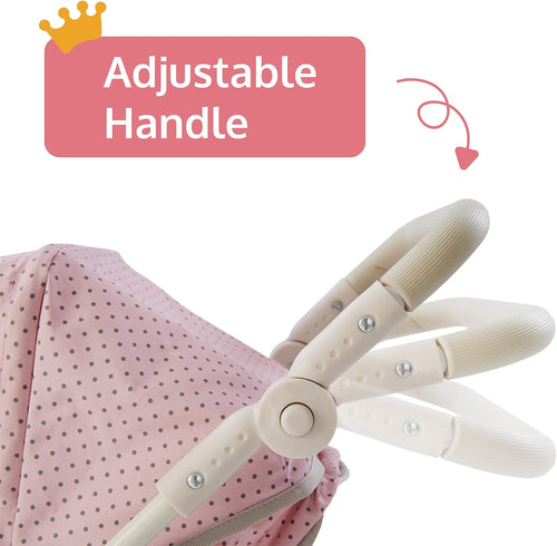 2-In-1 Convertible Baby Doll Stroller with Retractable Canopy, All-Terrain Wheels, and Adjustable Handle, Cream and Pink with Gray Polka Dots