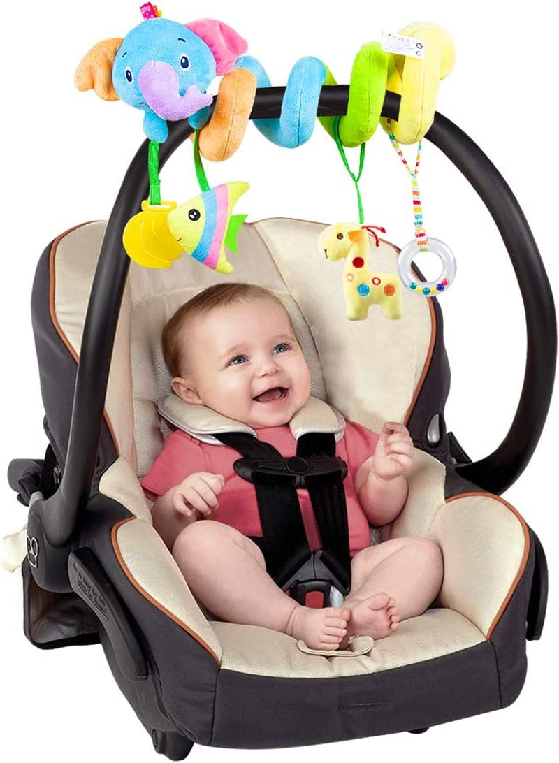 Baby Car Seat Toys, Soft Hanging Plush Toy with Rattle & Teether, Sensory Development Toy for Infants 0 Months up (Elephant)