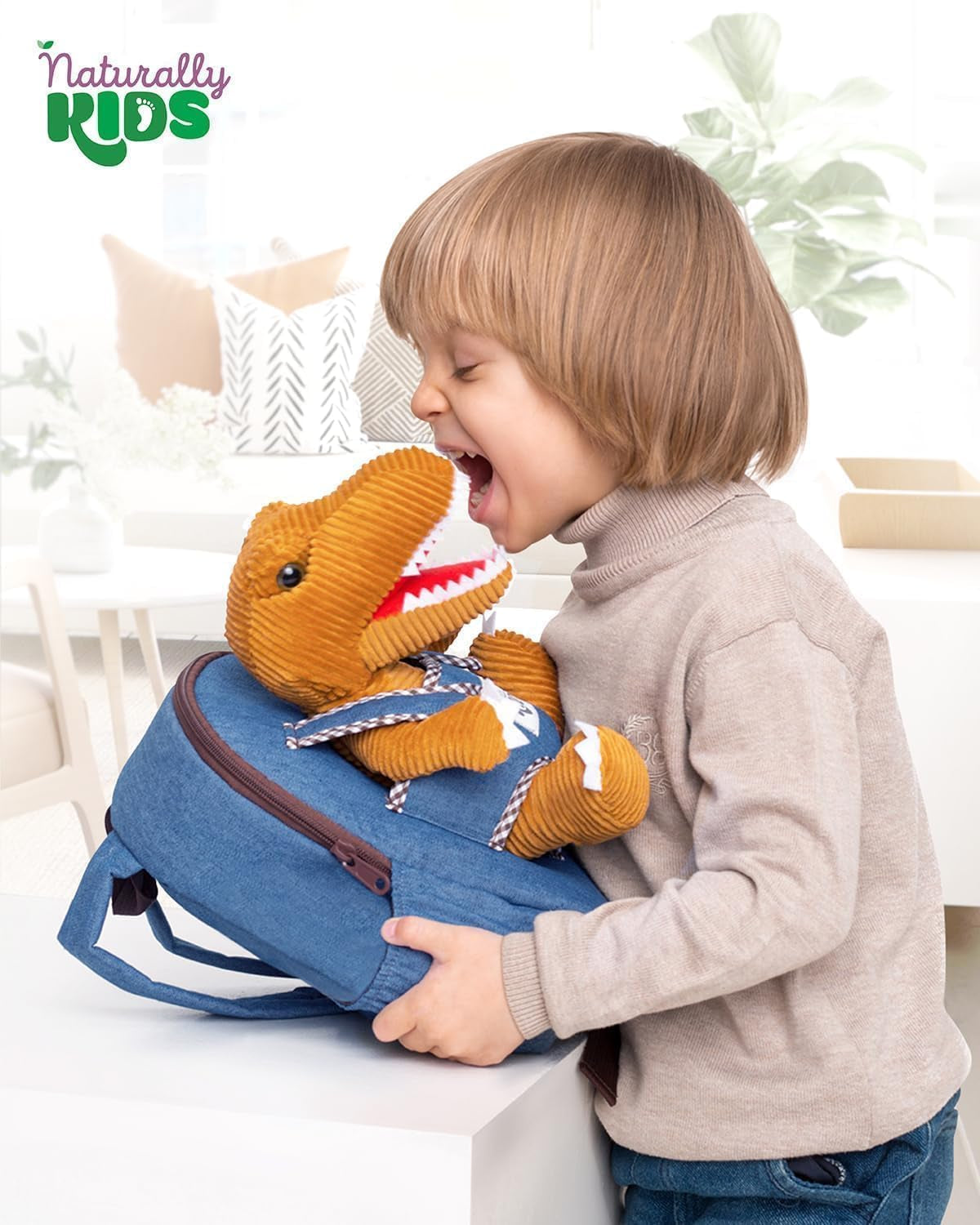 Toddler Backpack W. Plush Brown Dinosaur Toy, Kids Gift 2-5