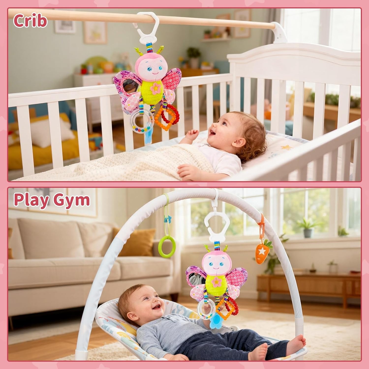 Baby Stroller Toy and Car Seat Toy for Infant with Teether Hanging Rattle Toys Clip on Stroller Toy Soft Plush Baby Toys for Boys and Girls 3-12 Months