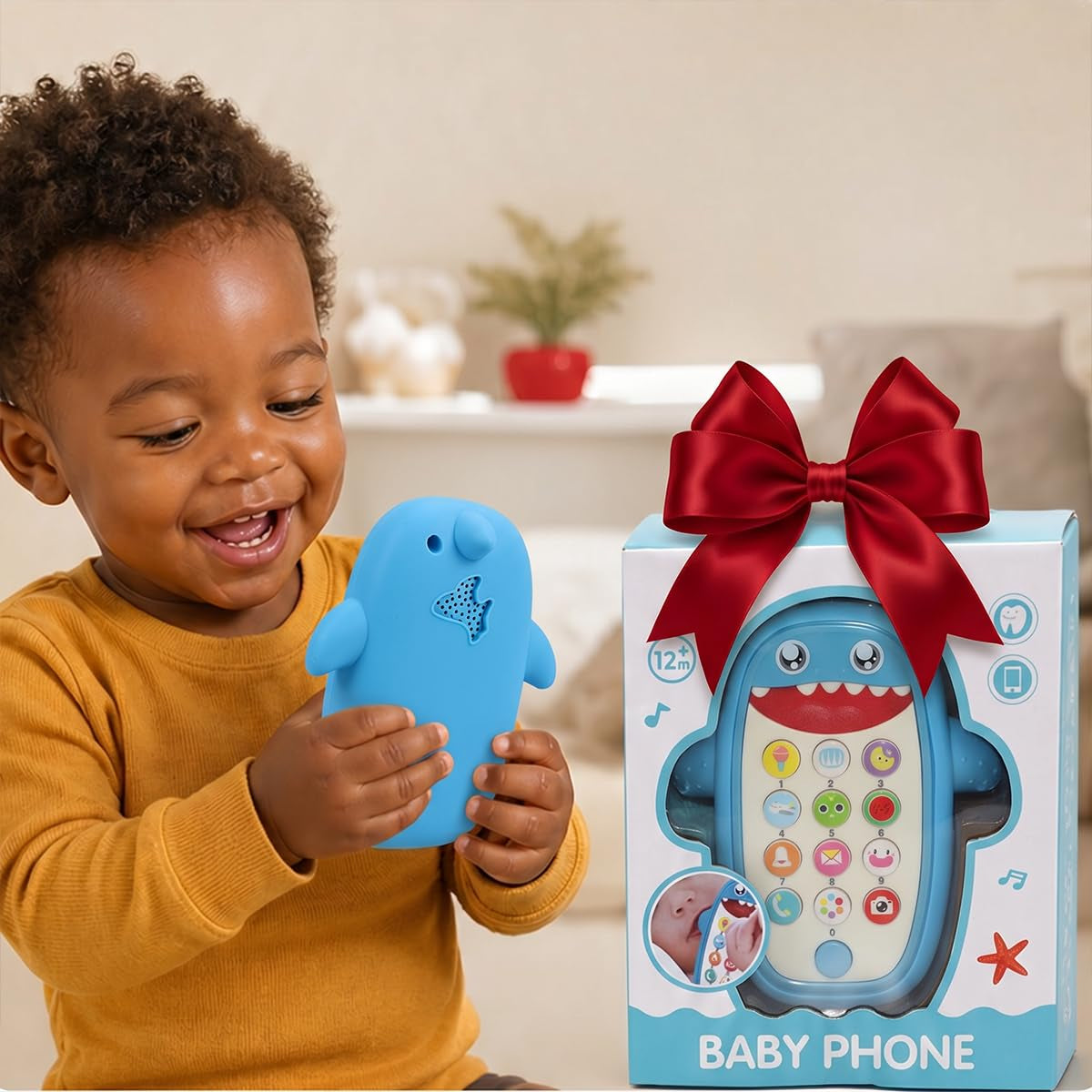 Baby Shark Cell Phone Toy Kids Play Fake Light-Up Teether 12+ Months (Blue)