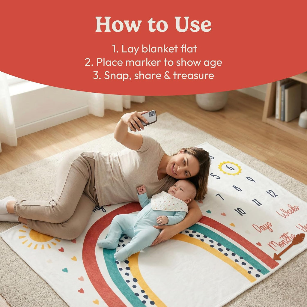 Monthly Milestone Blanket for Baby Girl - 60"X40" - Wrinkle Free Newborn Age Month Blanket with Growth Chart - Washable & Dryable - W/Frames & Cotton Bib - Boho Theme
