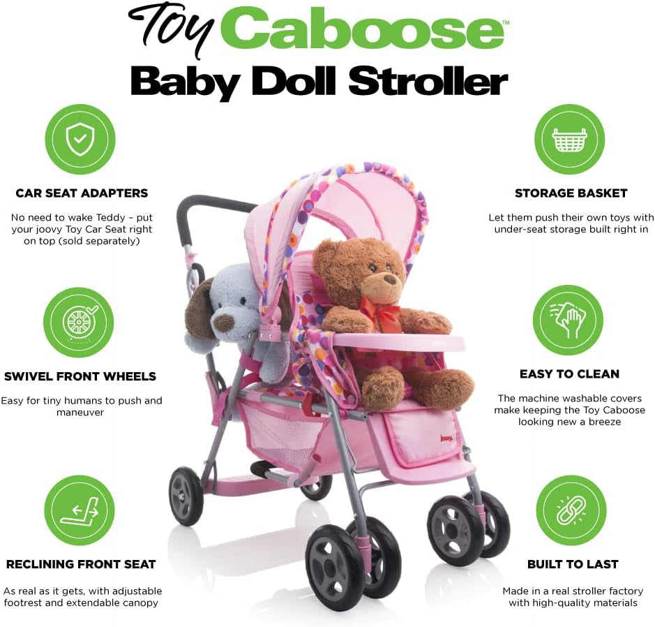 Toy Caboose Baby Doll Stroller Featuring Reclining Front Seat, Adjustable Footrest, Storage Basket, Extendable Canopy, and Snack Tray - Holds 3 Dolls (Pink Dot)