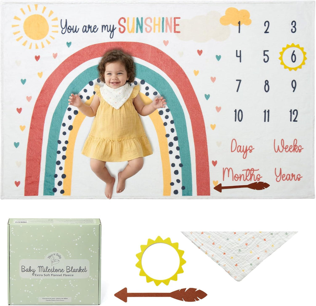 Monthly Milestone Blanket for Baby Girl - 60"X40" - Wrinkle Free Newborn Age Month Blanket with Growth Chart - Washable & Dryable - W/Frames & Cotton Bib - Boho Theme