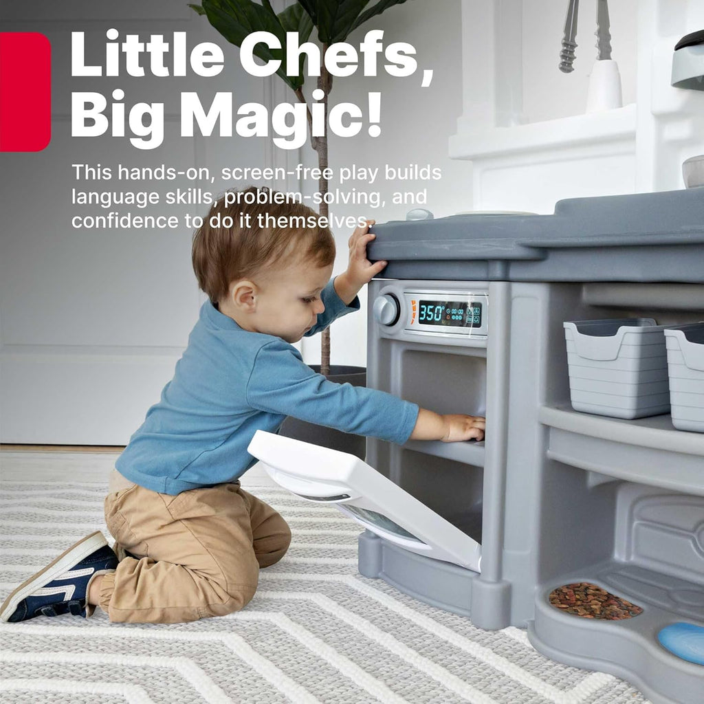 Step2 Fun with Friends Kids Kitchen Playset, Indoor/Outdoor Kitchenette with Lights & Sounds, Durable Plastic, 25-Piece Toy Accessories, Toddlers 2+ Years, Gray