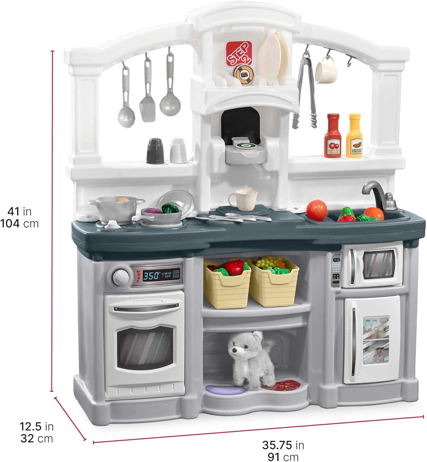 Step2 Fun with Friends Kids Kitchen Playset, Indoor/Outdoor Kitchenette with Lights & Sounds, Durable Plastic, 25-Piece Toy Accessories, Toddlers 2+ Years, Gray