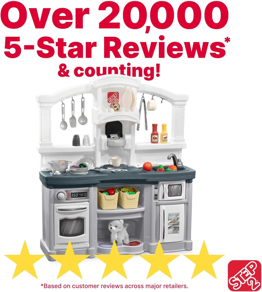 Step2 Fun with Friends Kids Kitchen Playset, Indoor/Outdoor Kitchenette with Lights & Sounds, Durable Plastic, 25-Piece Toy Accessories, Toddlers 2+ Years, Gray
