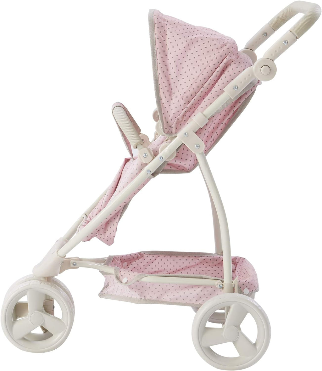 2-In-1 Convertible Baby Doll Stroller with Retractable Canopy, All-Terrain Wheels, and Adjustable Handle, Cream and Pink with Gray Polka Dots