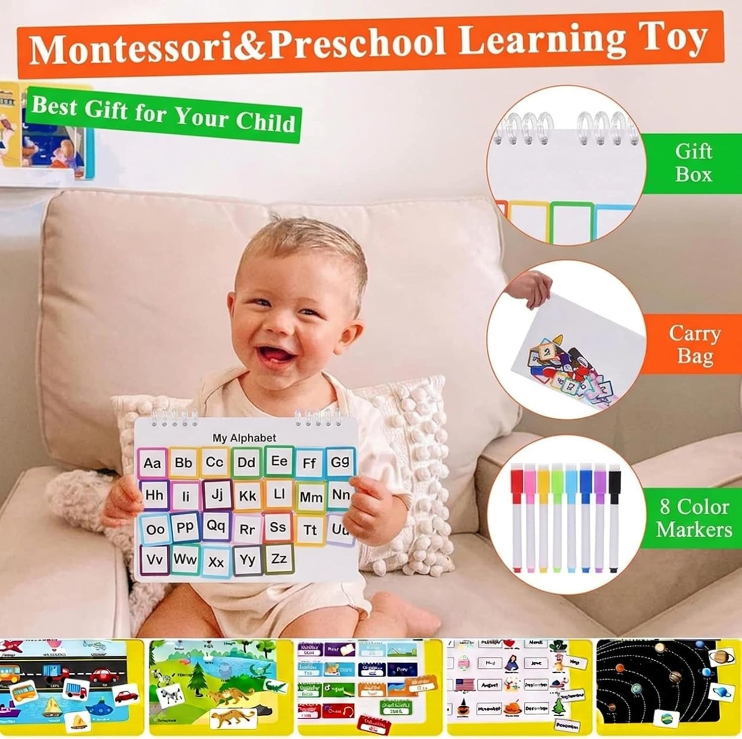 Mallify Busy Book for Toddlers 3-5, Montessori Busy Book with 30 Themes and 8 Markers, Kids Binder and Early Learning Toys, Preschool Busy Books for Toddlers, Tracing Coloring Book, Busytots