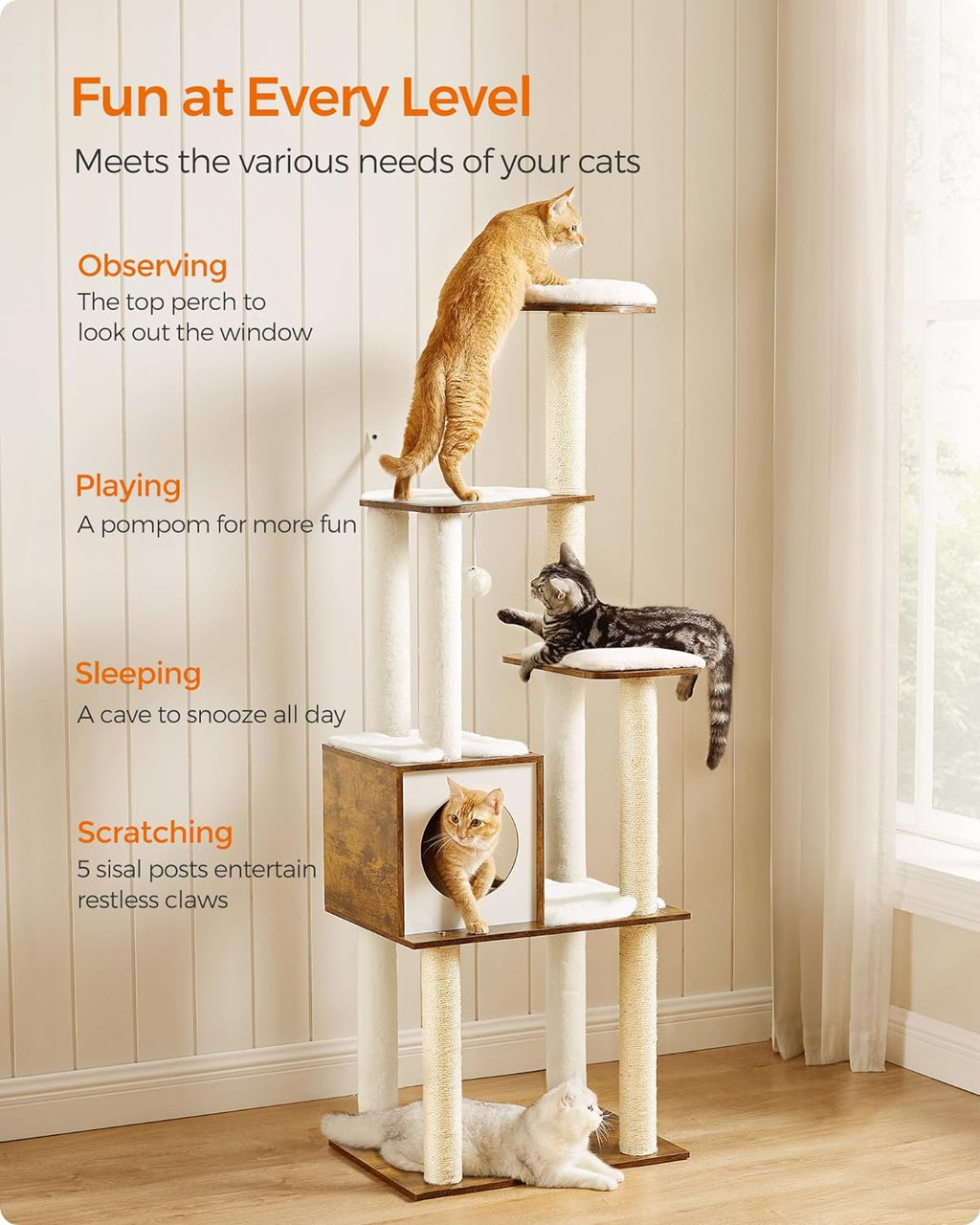 Cat Tree, 64.6-Inch Multi-Level Tower with 5 Scratching Posts