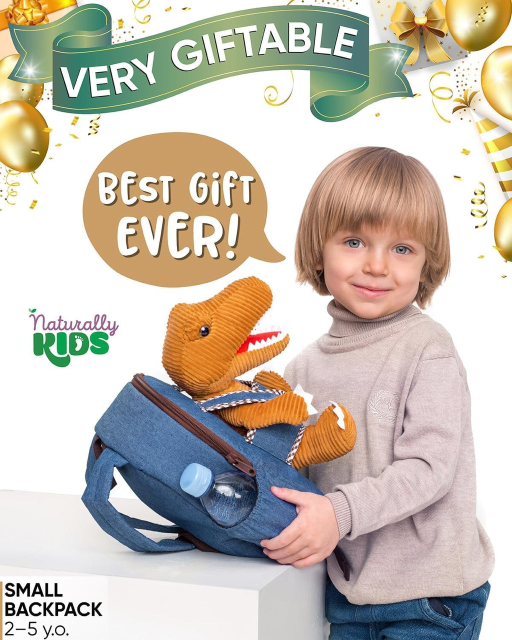 Toddler Backpack W. Plush Brown Dinosaur Toy, Kids Gift 2-5