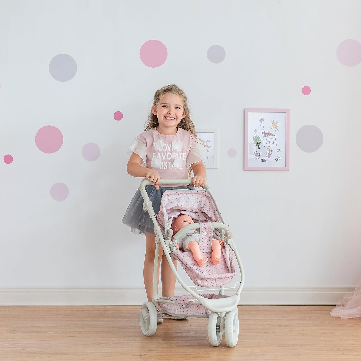 2-In-1 Convertible Baby Doll Stroller with Retractable Canopy, All-Terrain Wheels, and Adjustable Handle, Cream and Pink with Gray Polka Dots