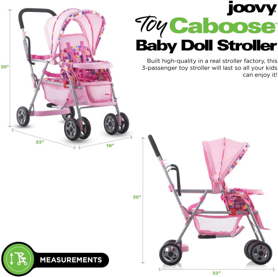 Toy Caboose Baby Doll Stroller Featuring Reclining Front Seat, Adjustable Footrest, Storage Basket, Extendable Canopy, and Snack Tray - Holds 3 Dolls (Pink Dot)