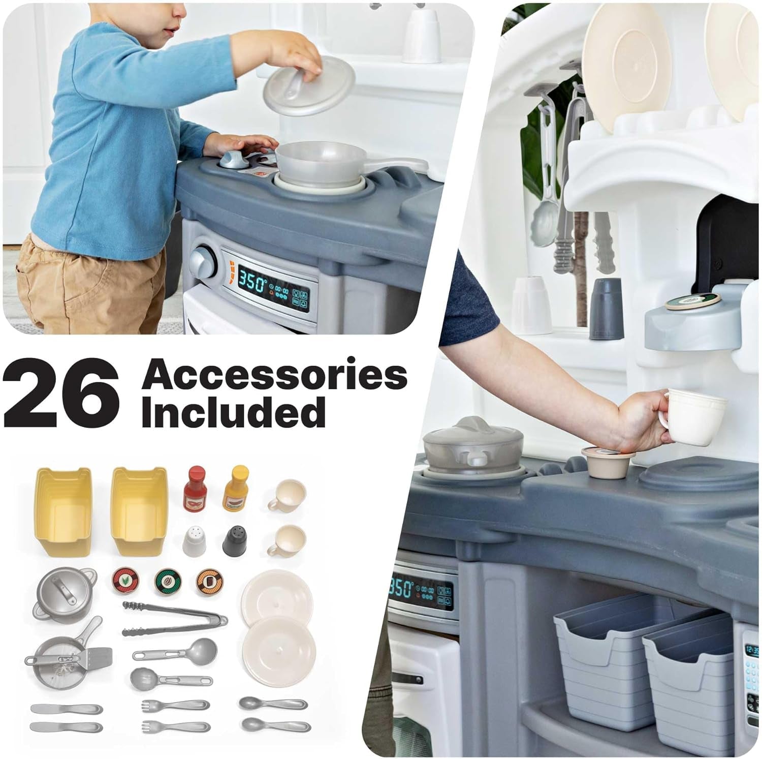 Step2 Fun with Friends Kids Kitchen Playset, Indoor/Outdoor Kitchenette with Lights & Sounds, Durable Plastic, 25-Piece Toy Accessories, Toddlers 2+ Years, Gray