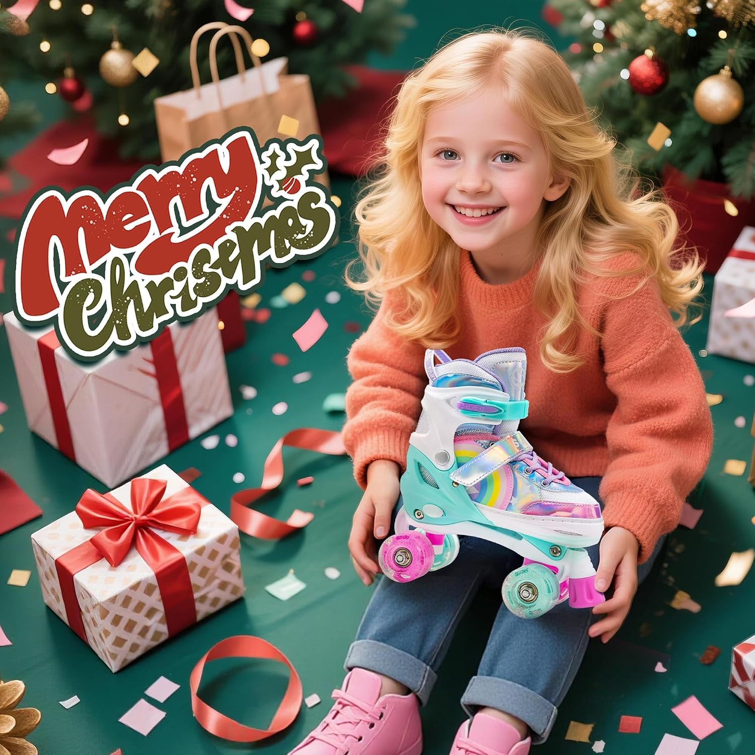 Rainbow Unicorn 4 Size Adjustable Roller Skates for Girls Boys for Kids Ages 3-5 5-8 6-12 Children Skates Indoor Outdoor